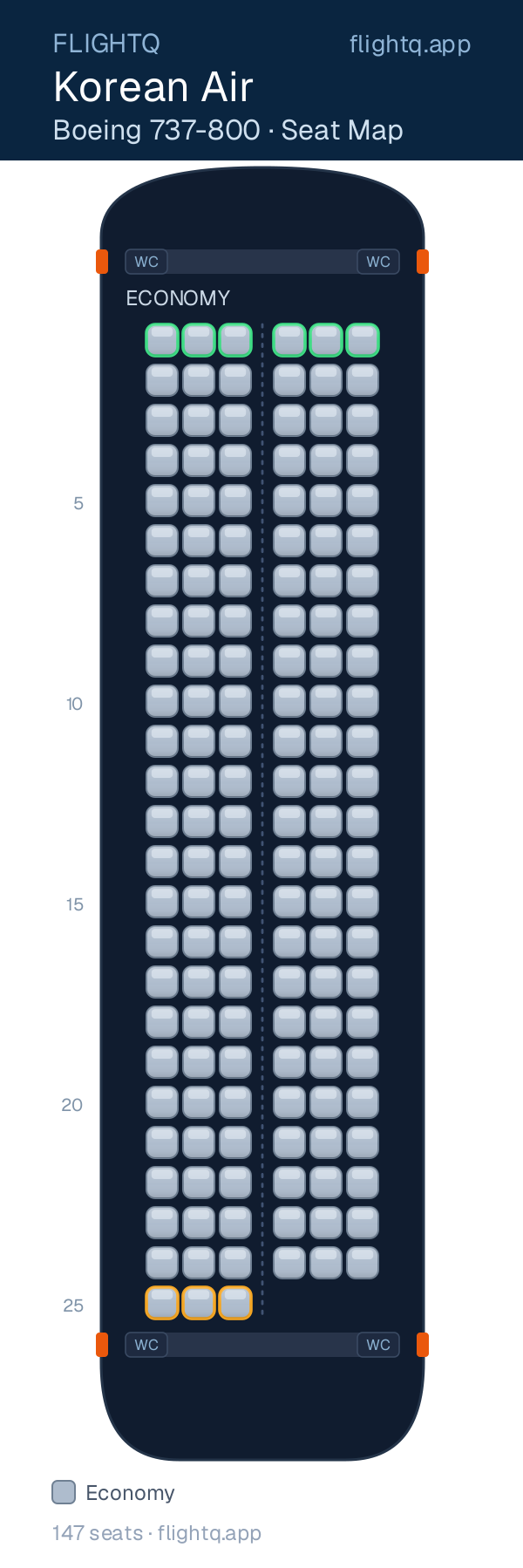 Korean Air Boeing 737-800 seat map with 147 seats — best seats and rows to avoid