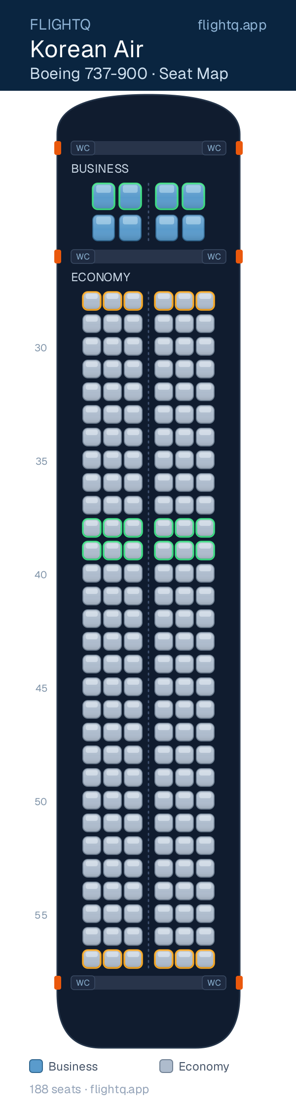 Korean Air Boeing 737-900 seat map with 188 seats across 2 cabins — best seats and rows to avoid