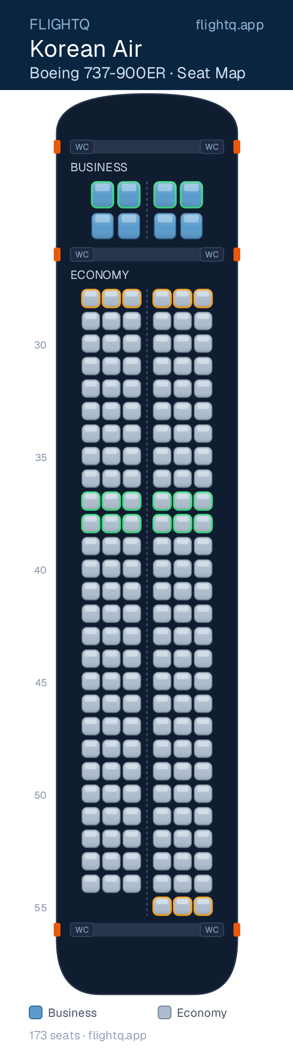 Korean Air Boeing 737-900ER seat map with 173 seats across 2 cabins — best seats and rows to avoid