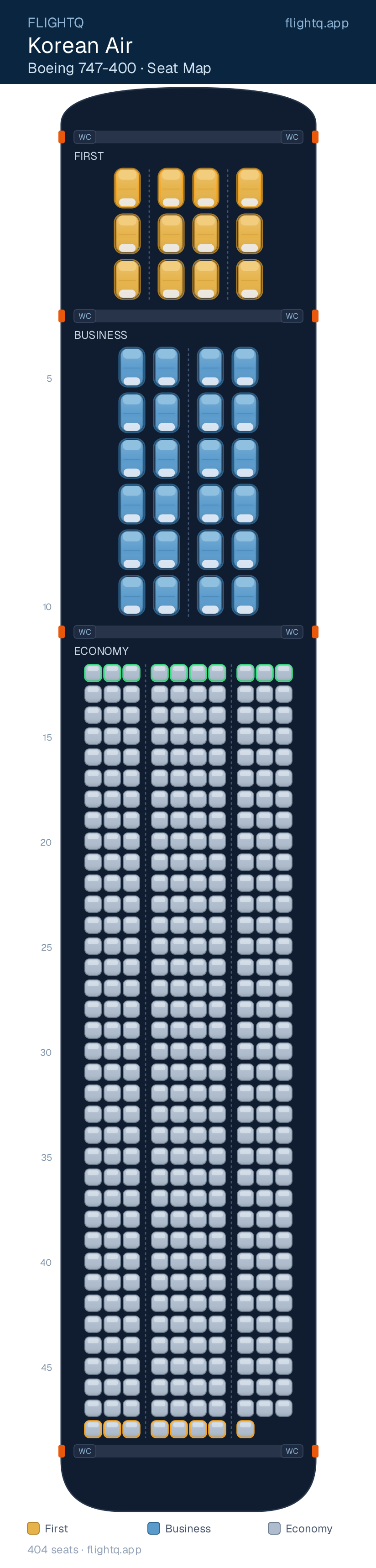 Korean Air Boeing 747-400 seat map with 404 seats across 3 cabins — best seats and rows to avoid