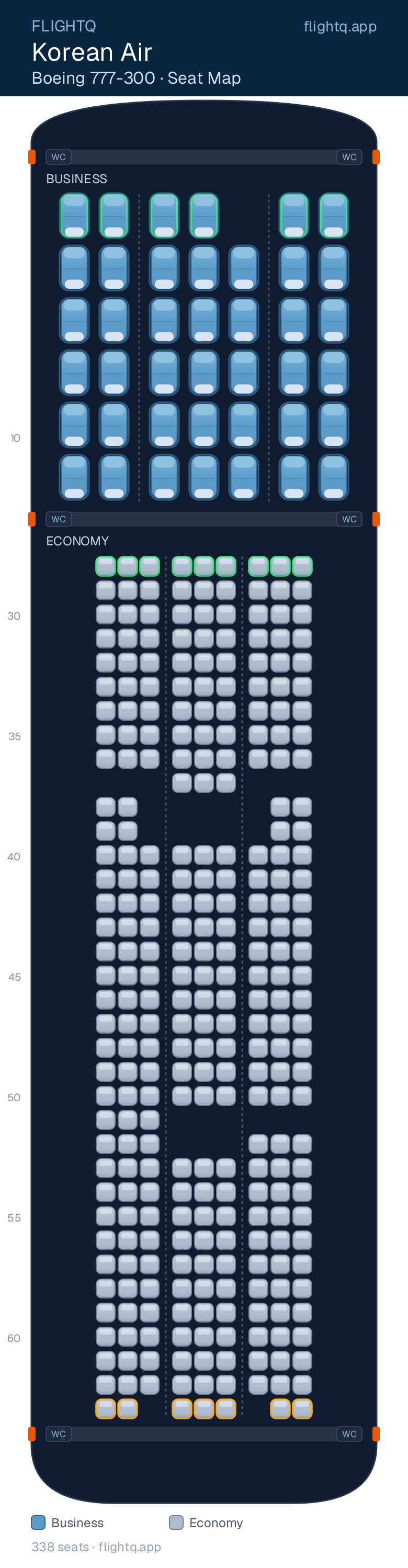 Korean Air Boeing 777-300ER seat map with 338 seats across 2 cabins — best seats and rows to avoid