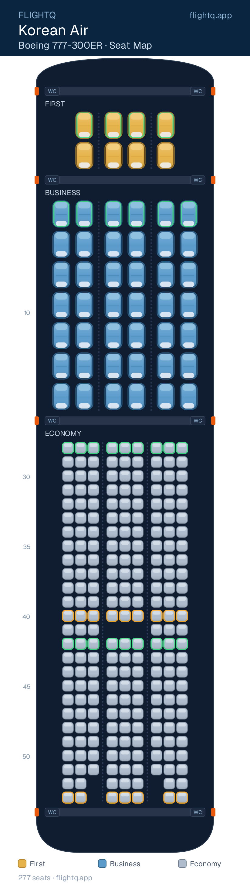 Korean Air Boeing 777-300ER seat map with 277 seats across 3 cabins — best seats and rows to avoid