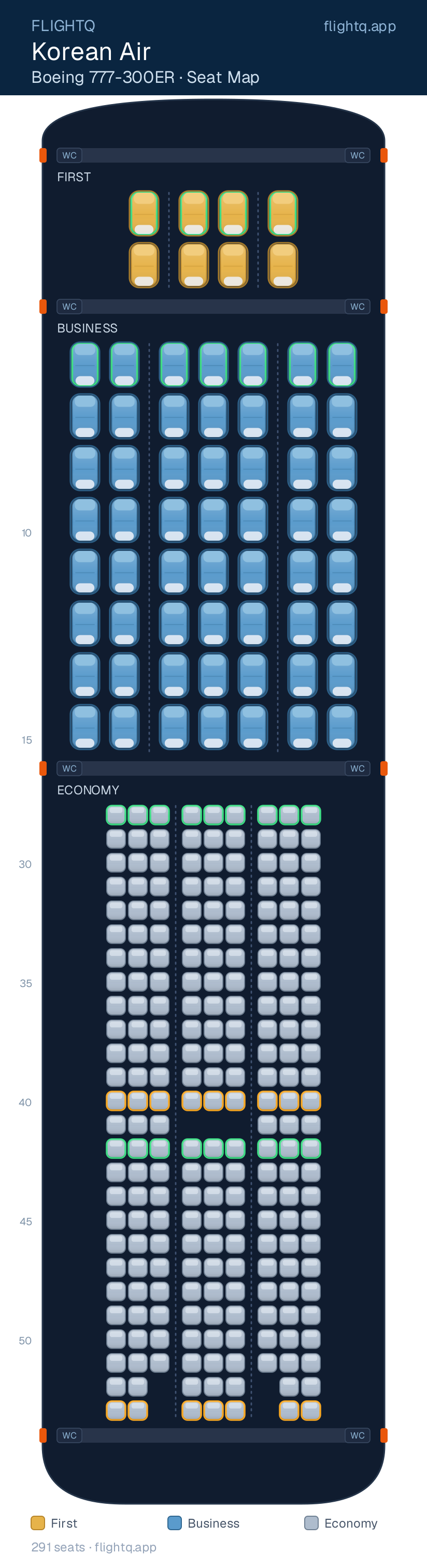 Korean Air Boeing 777-300ER seat map with 291 seats across 3 cabins — best seats and rows to avoid