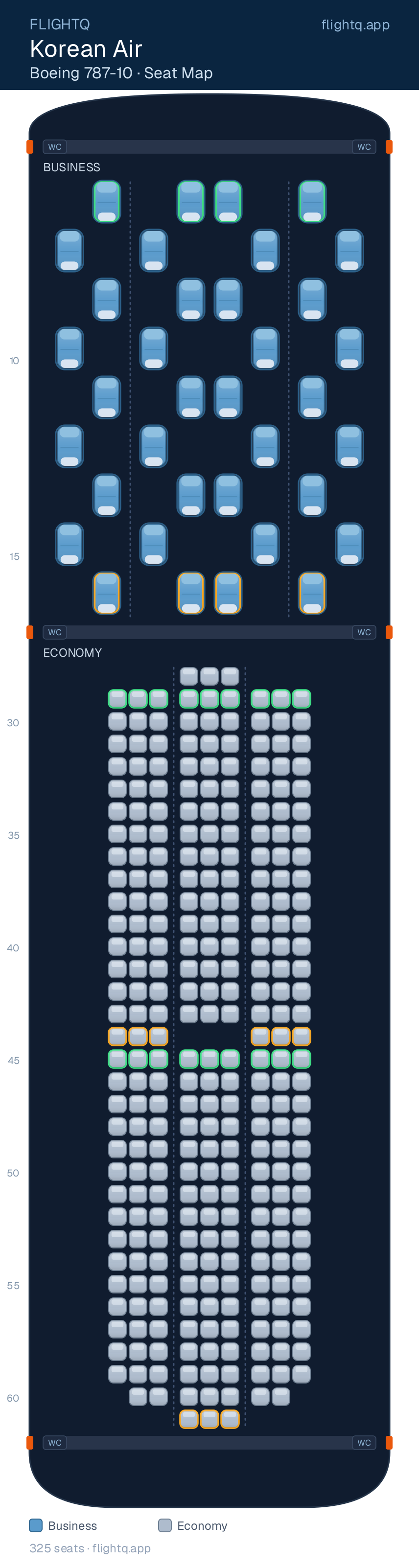 Korean Air Boeing 787-10 Dreamliner seat map with 325 seats across 2 cabins — best seats and rows to avoid