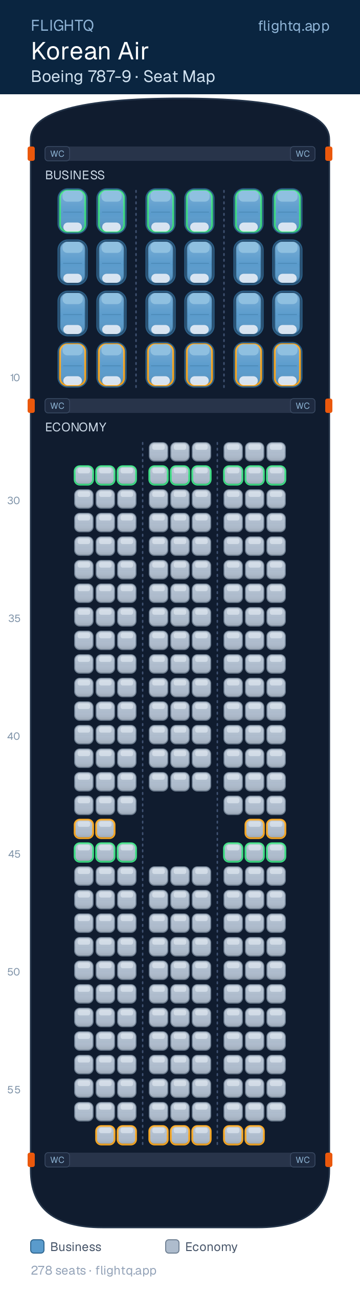 Korean Air Boeing 787-9 Dreamliner seat map with 278 seats across 2 cabins — best seats and rows to avoid