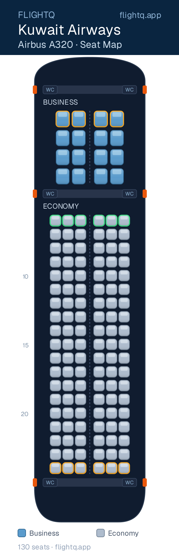 Kuwait Airways Airbus A320 seat map with 130 seats across 2 cabins — best seats and rows to avoid