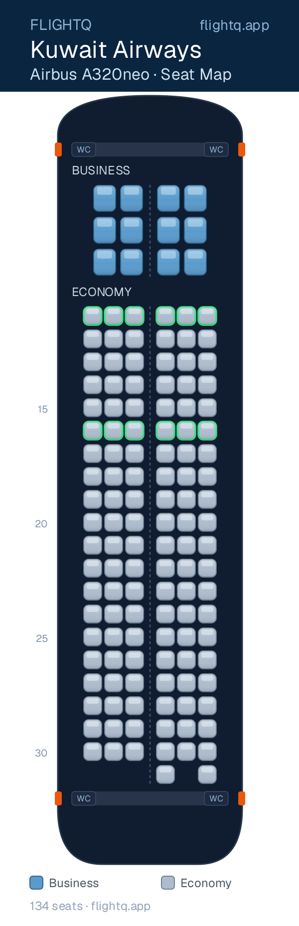 Kuwait Airways Airbus A320neo seat map with 134 seats across 2 cabins — best seats and rows to avoid