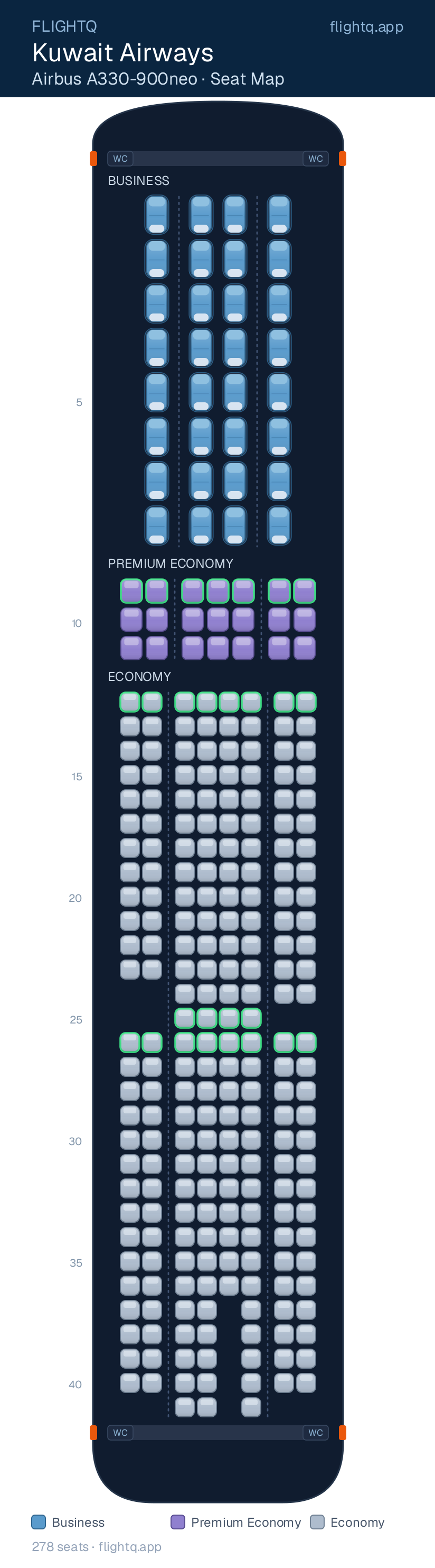 Kuwait Airways Airbus A330-900neo seat map with 278 seats across 3 cabins — best seats and rows to avoid