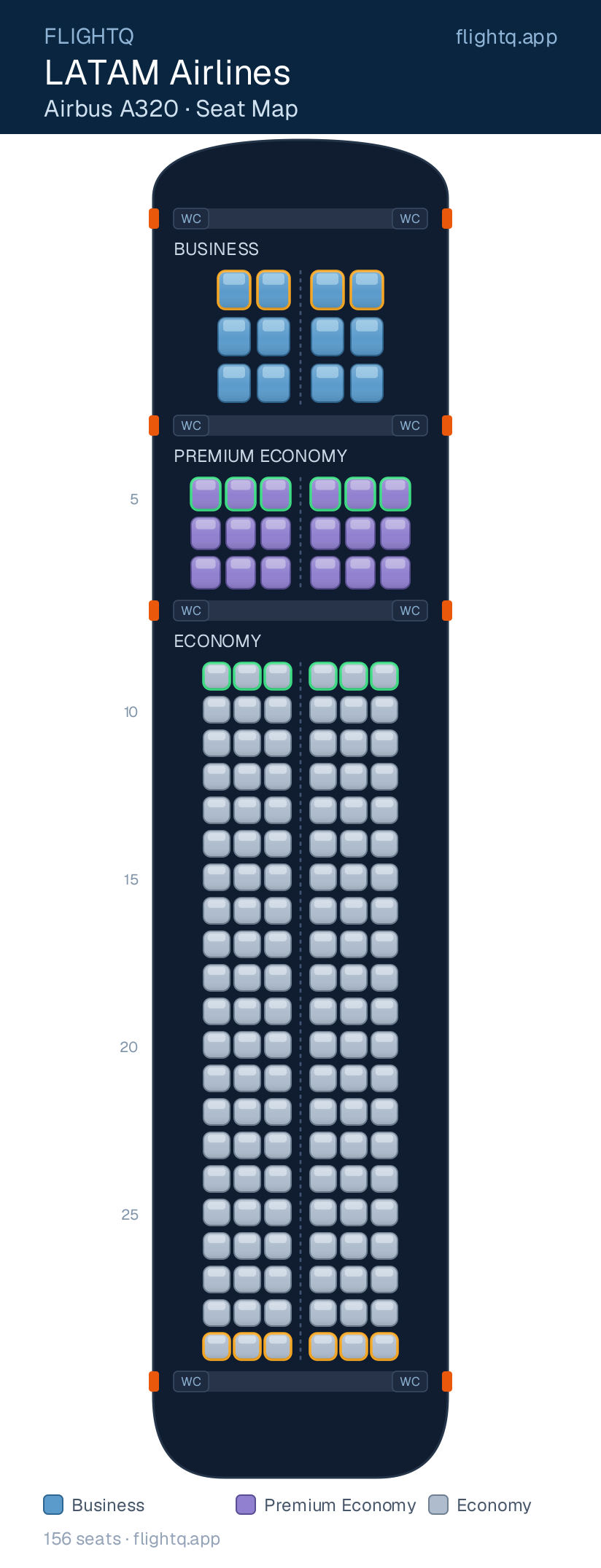 LATAM Airlines Airbus A320 seat map with 156 seats across 3 cabins — best seats and rows to avoid