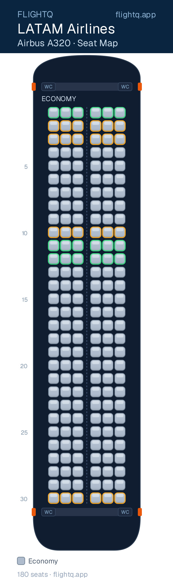 LATAM Airlines Airbus A320 seat map with 180 seats — best seats and rows to avoid