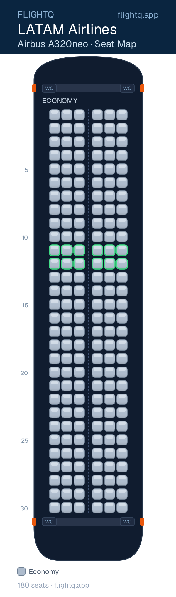 LATAM Airlines Airbus A320neo seat map with 180 seats — best seats and rows to avoid