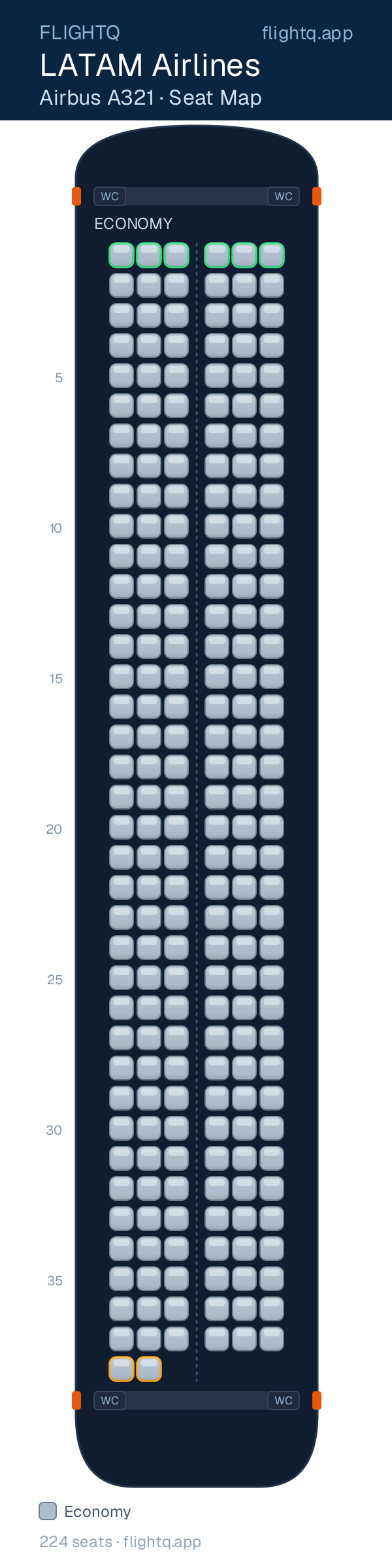 LATAM Airlines Airbus A321 seat map with 224 seats — best seats and rows to avoid