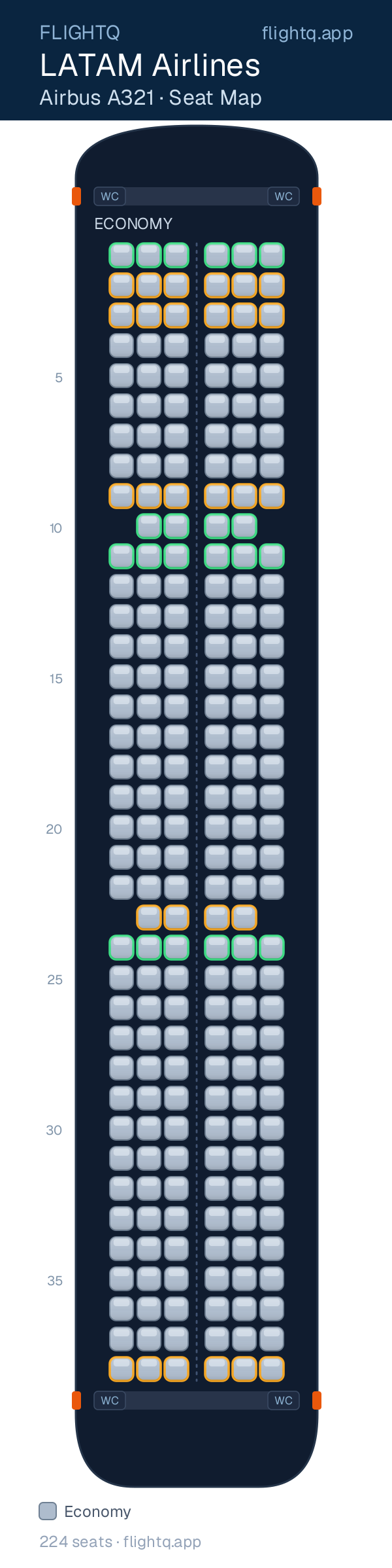 LATAM Airlines Airbus A321 seat map with 224 seats — best seats and rows to avoid