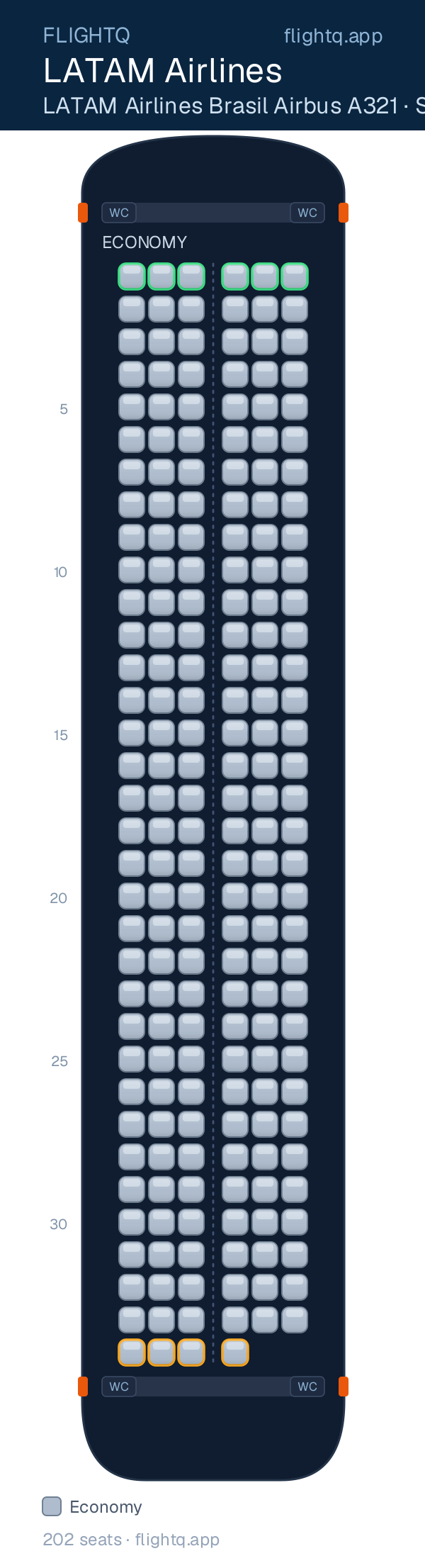 LATAM Airlines Airbus A321 seat map with 202 seats — best seats and rows to avoid