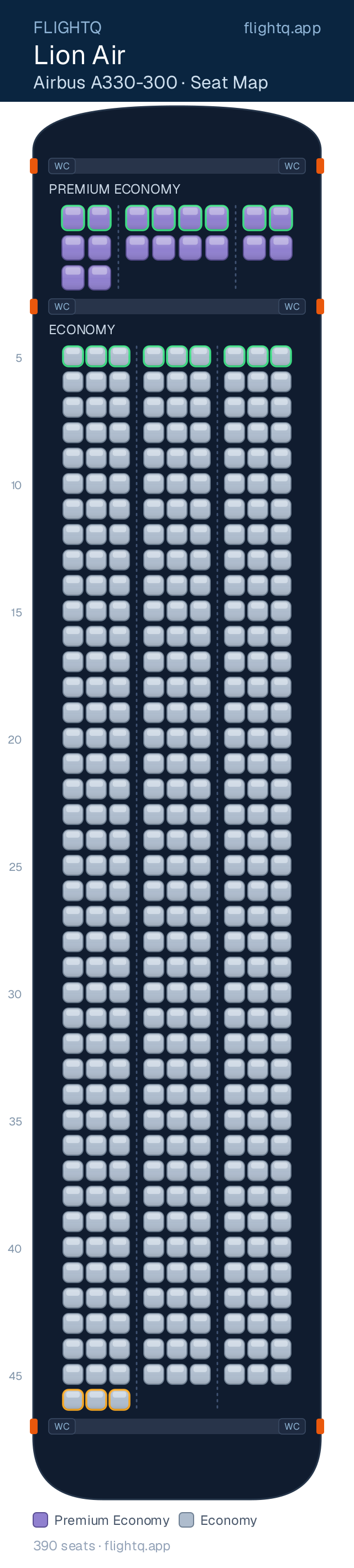 Lion Air Airbus A330-300 seat map with 390 seats across 2 cabins — best seats and rows to avoid