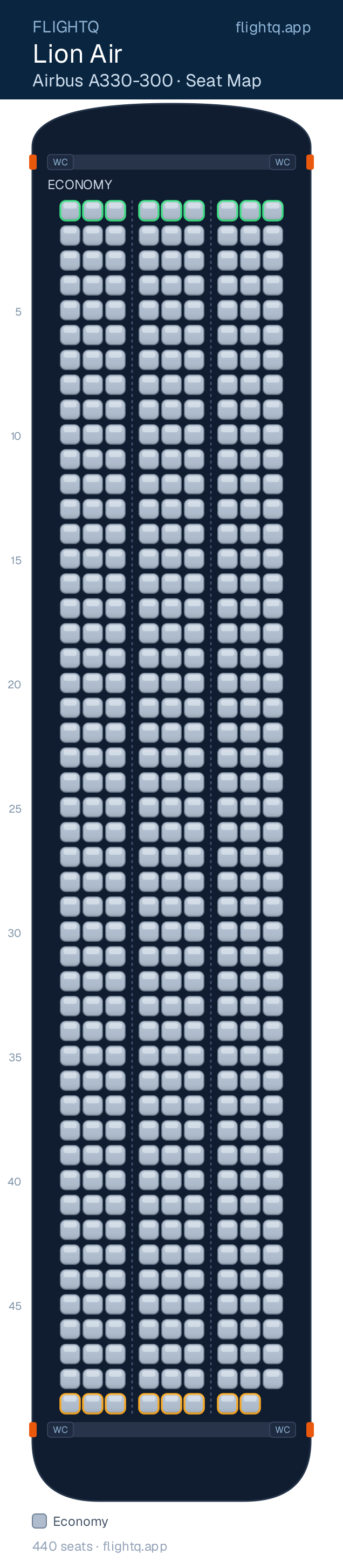 Lion Air Airbus A330-300 seat map with 440 seats — best seats and rows to avoid