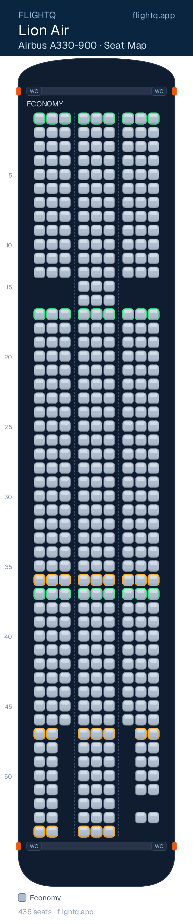 Lion Air Airbus A330-900neo seat map with 436 seats — best seats and rows to avoid