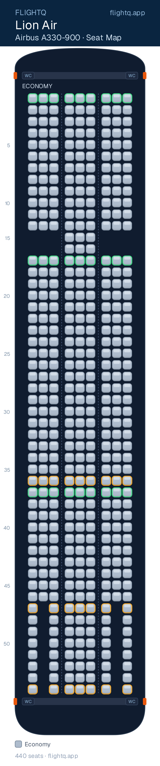 Lion Air Airbus A330-900neo seat map with 440 seats — best seats and rows to avoid