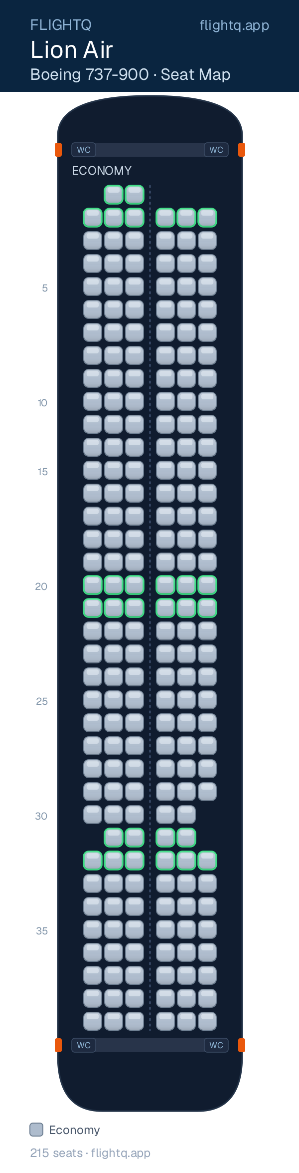 Lion Air Boeing 737-900 seat map with 215 seats — best seats and rows to avoid