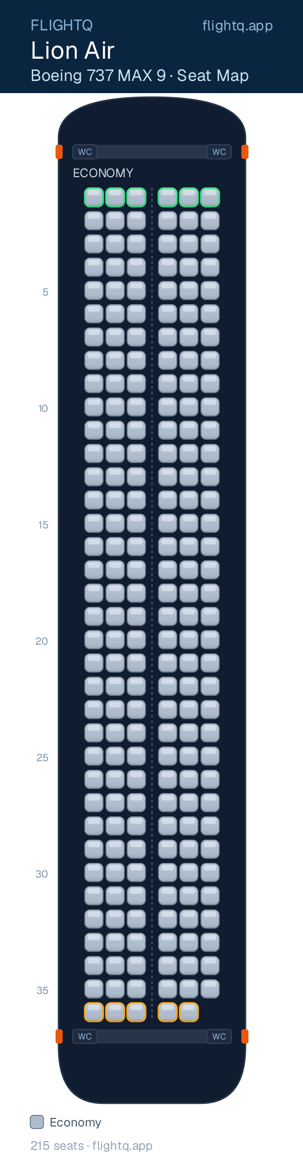 Lion Air Boeing 737 MAX 9 seat map with 215 seats — best seats and rows to avoid