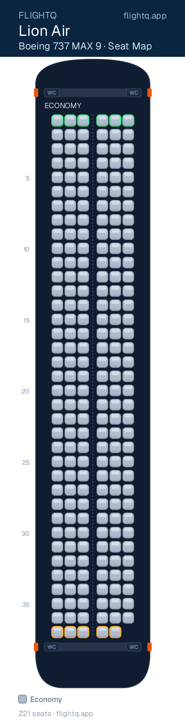 Lion Air Boeing 737 MAX 9 seat map with 221 seats — best seats and rows to avoid