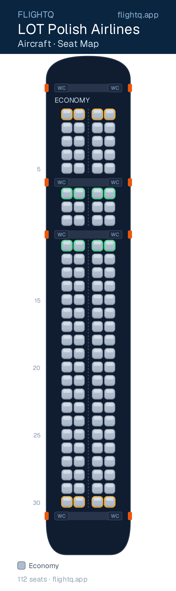 LOT Polish Airlines seat map with 112 seats — best seats and rows to avoid