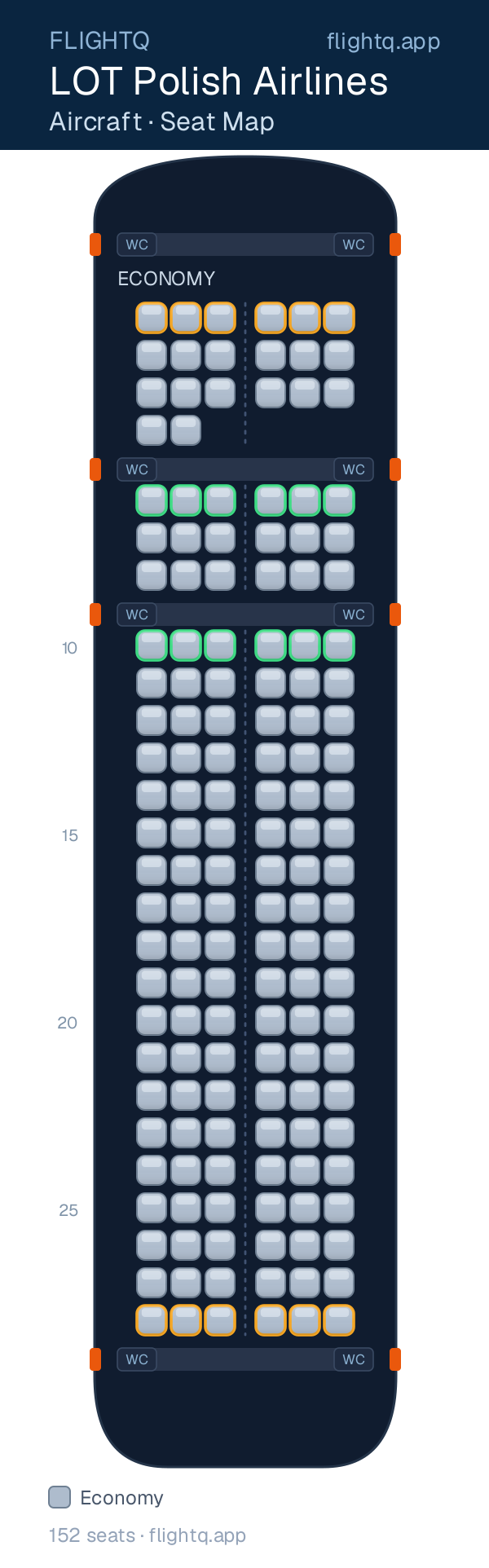 LOT Polish Airlines seat map with 152 seats — best seats and rows to avoid