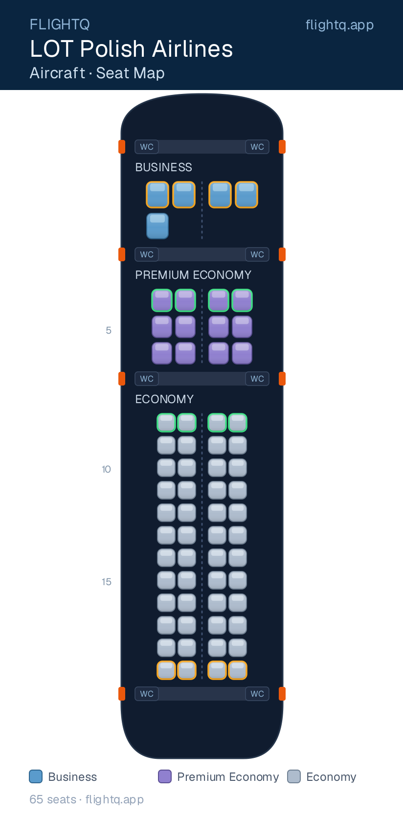 LOT Polish Airlines seat map with 65 seats across 3 cabins — best seats and rows to avoid