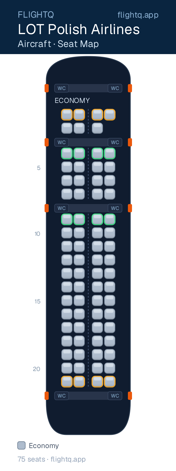 LOT Polish Airlines seat map with 75 seats — best seats and rows to avoid