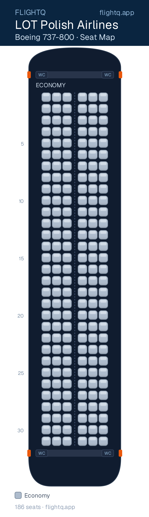 LOT Polish Airlines Boeing 737-800 seat map with 186 seats — best seats and rows to avoid