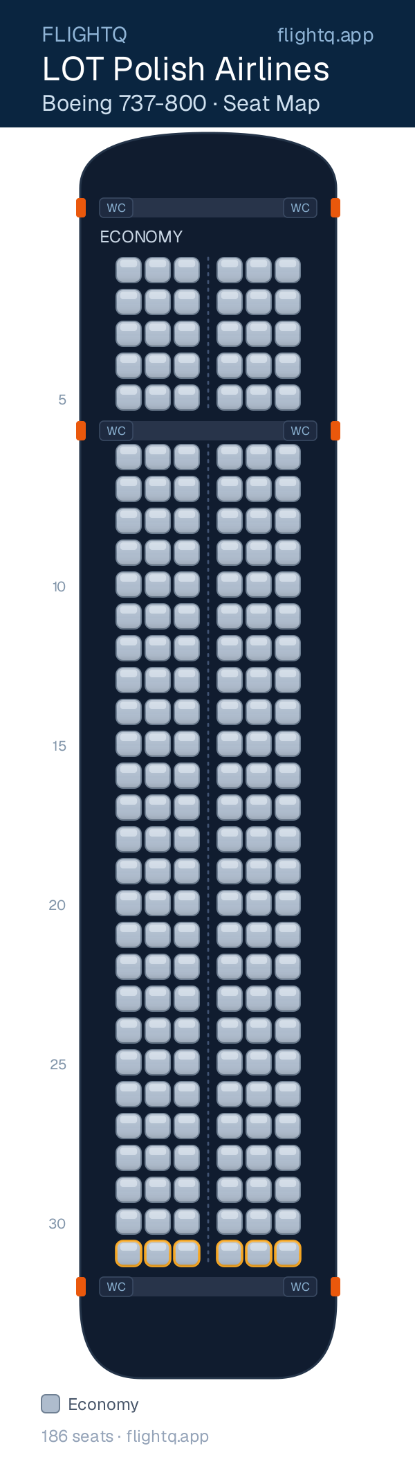 LOT Polish Airlines Boeing 737-800 seat map with 186 seats — best seats and rows to avoid