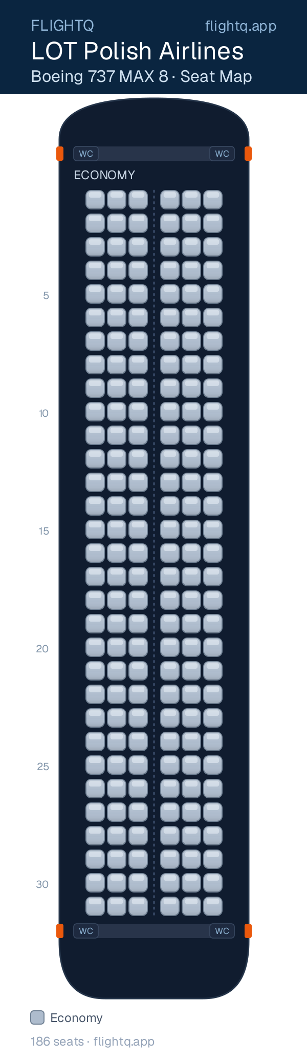 LOT Polish Airlines Boeing 737 MAX 8 seat map with 186 seats — best seats and rows to avoid