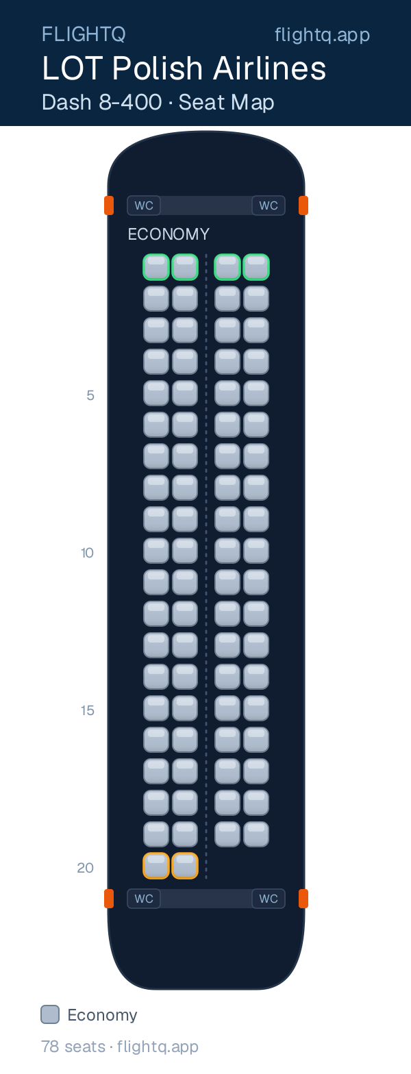 LOT Polish Airlines De Havilland Dash 8-400 seat map with 78 seats — best seats and rows to avoid