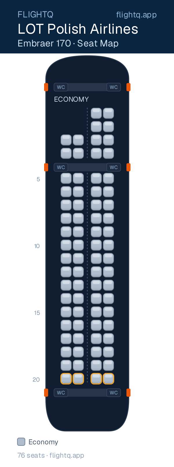 LOT Polish Airlines Embraer E170 seat map with 76 seats — best seats and rows to avoid