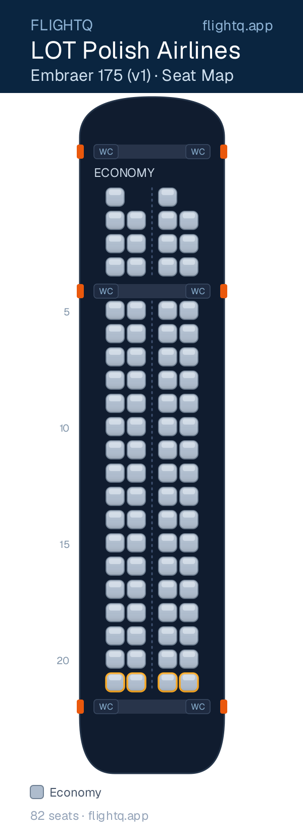 LOT Polish Airlines Embraer E175 seat map with 82 seats — best seats and rows to avoid