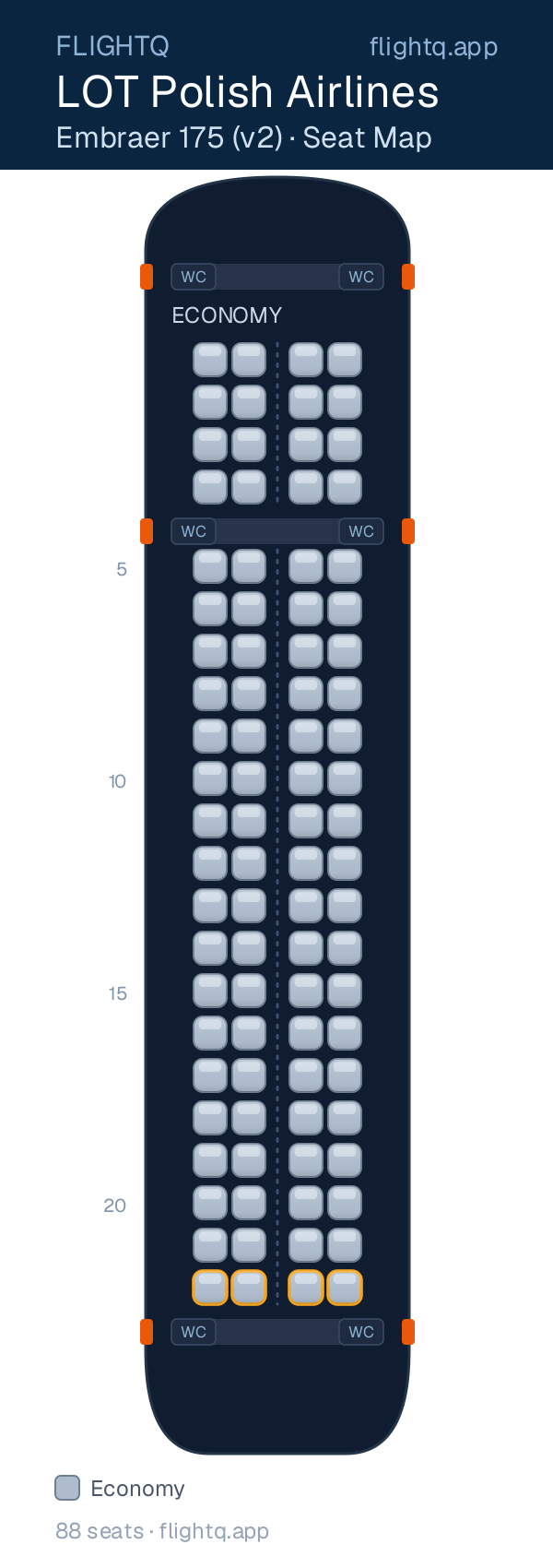 LOT Polish Airlines Embraer E175 seat map with 88 seats — best seats and rows to avoid