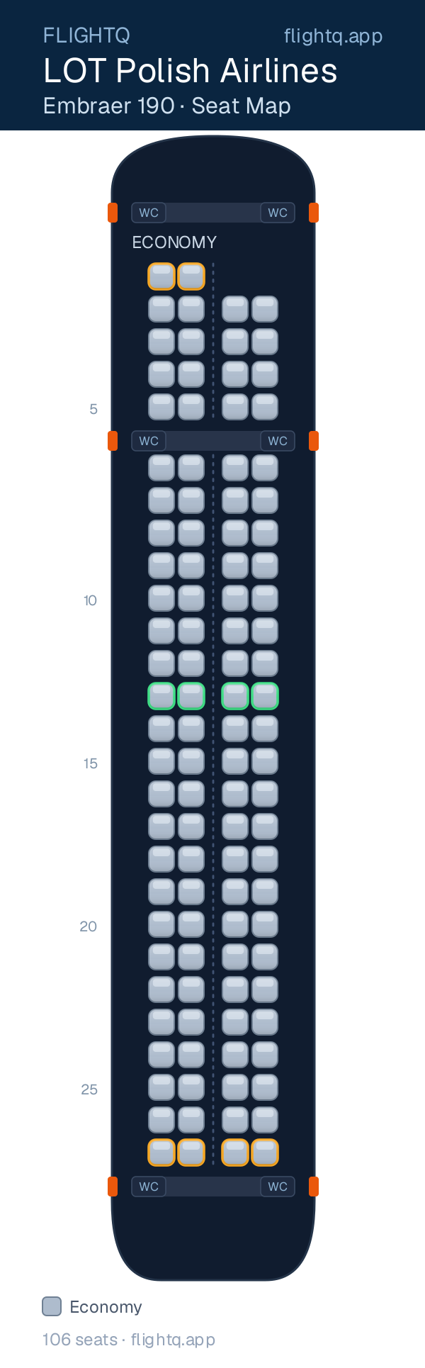 LOT Polish Airlines Embraer E190 seat map with 106 seats — best seats and rows to avoid