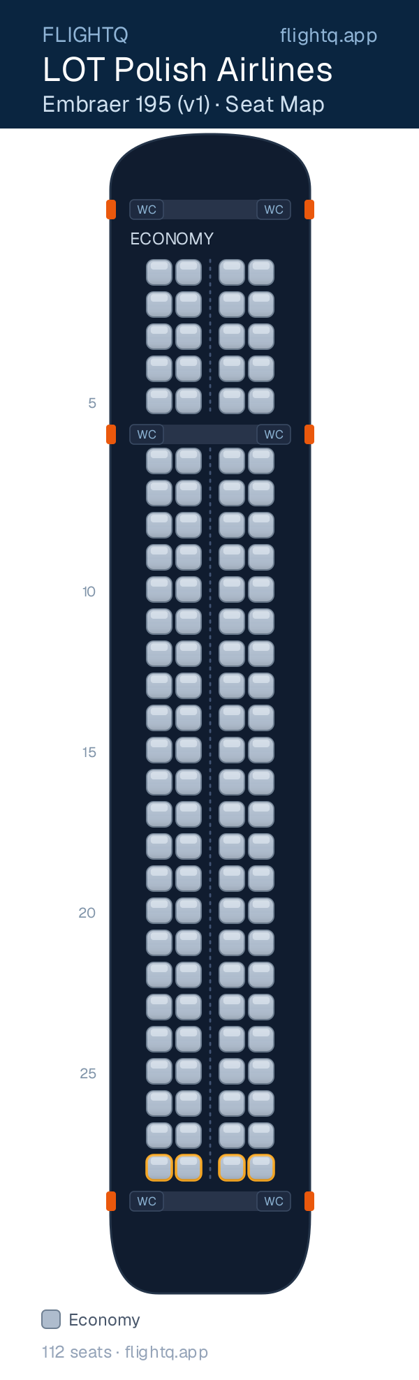 LOT Polish Airlines Embraer E195 seat map with 112 seats — best seats and rows to avoid