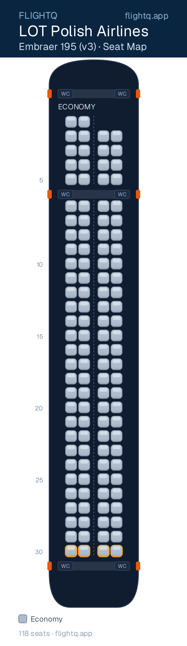 LOT Polish Airlines Embraer E195 seat map with 118 seats — best seats and rows to avoid