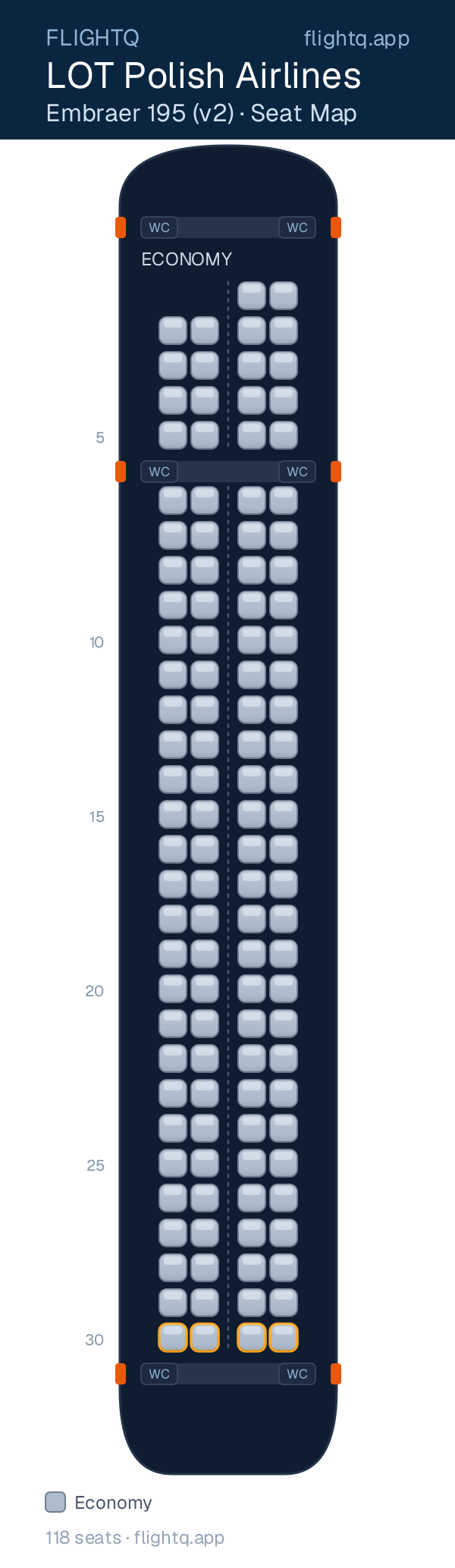 LOT Polish Airlines Embraer E195 seat map with 118 seats — best seats and rows to avoid