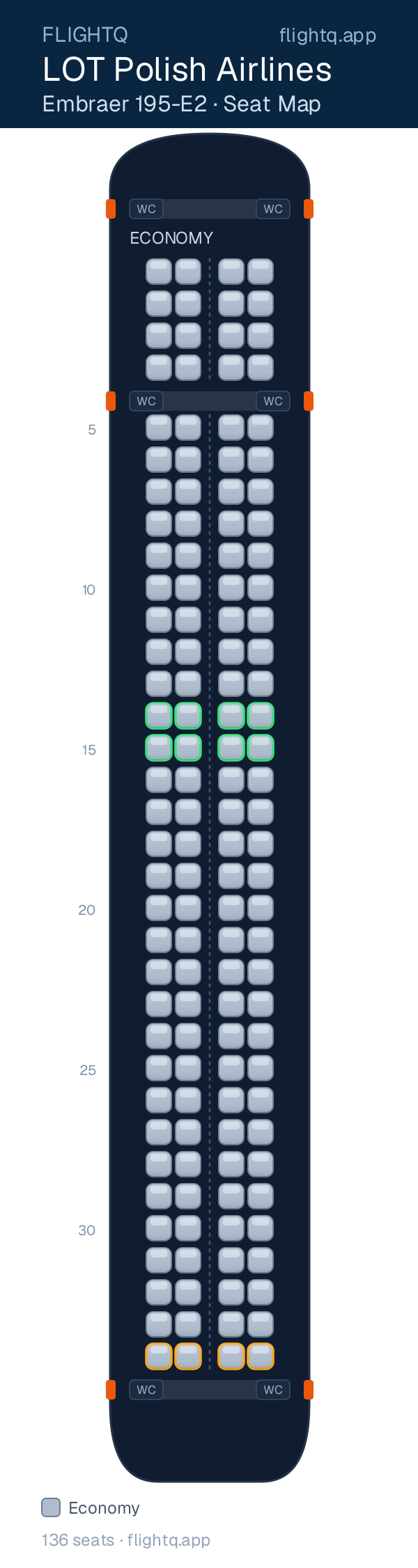 LOT Polish Airlines Embraer E195-E2 seat map with 136 seats — best seats and rows to avoid
