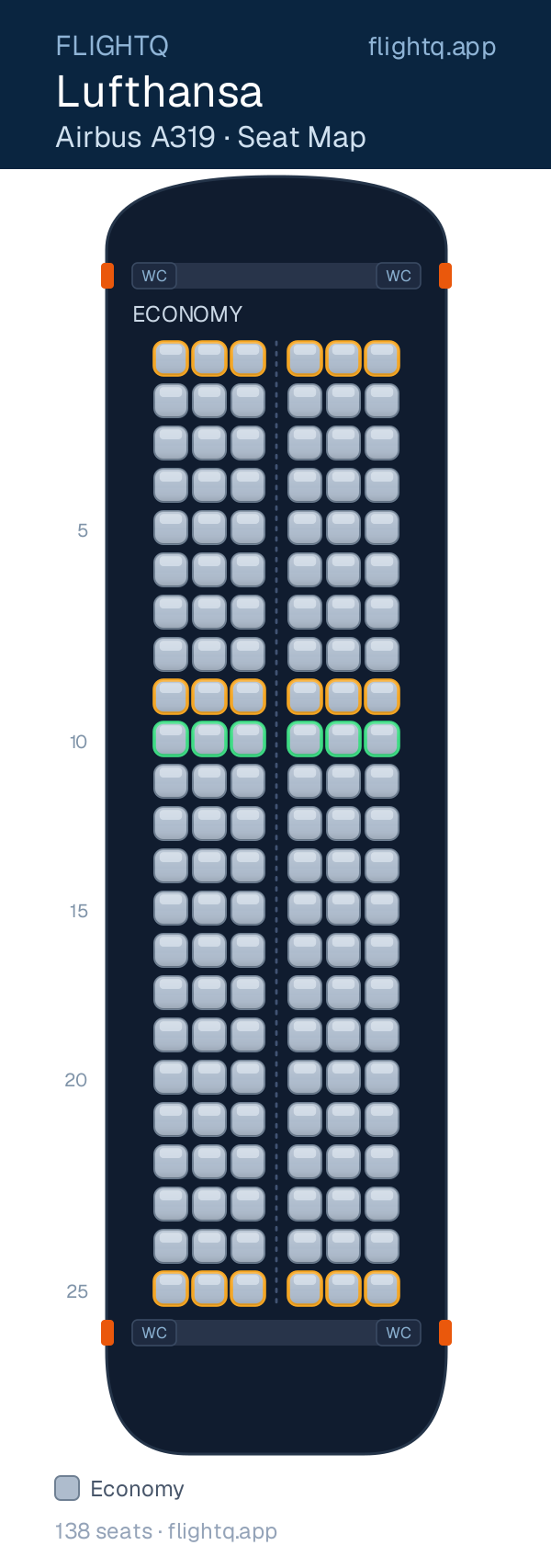Lufthansa Airbus A319 seat map with 138 seats — best seats and rows to avoid