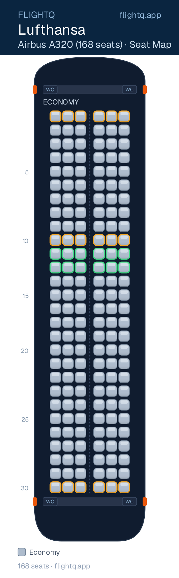 Lufthansa Airbus A320neo seat map with 168 seats — best seats and rows to avoid