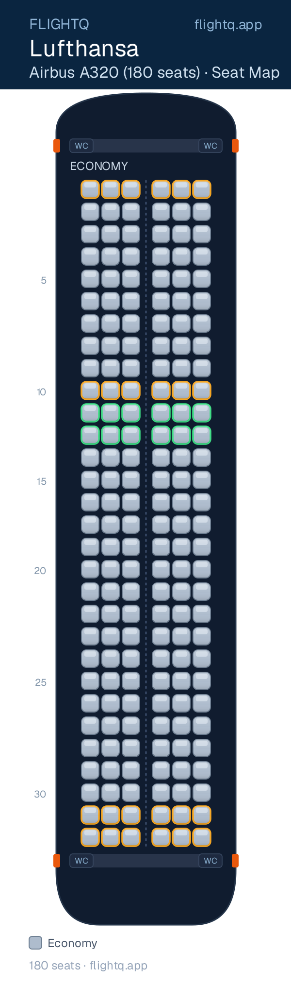 Lufthansa Airbus A320 seat map with 180 seats — best seats and rows to avoid