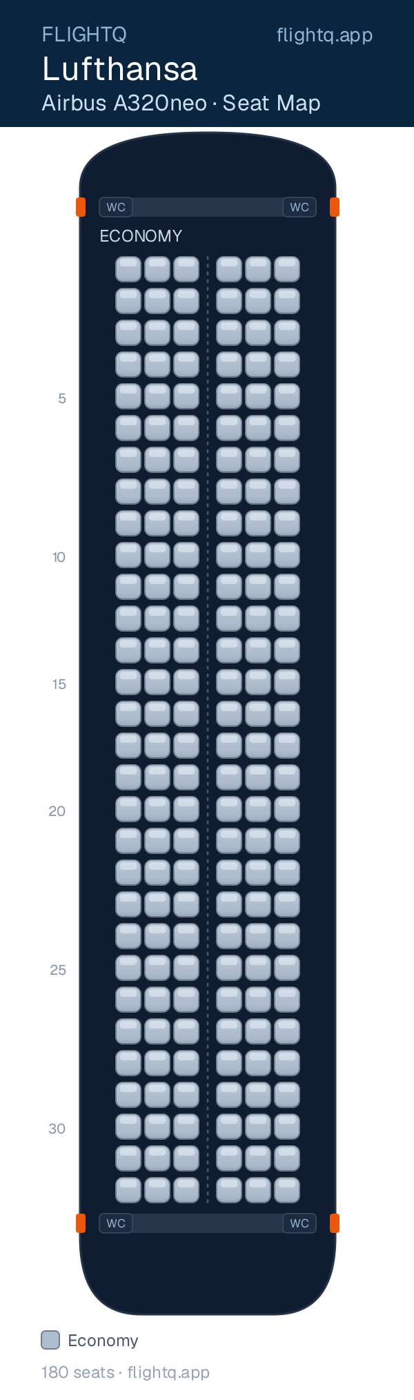 Lufthansa Airbus A320neo seat map with 180 seats — best seats and rows to avoid