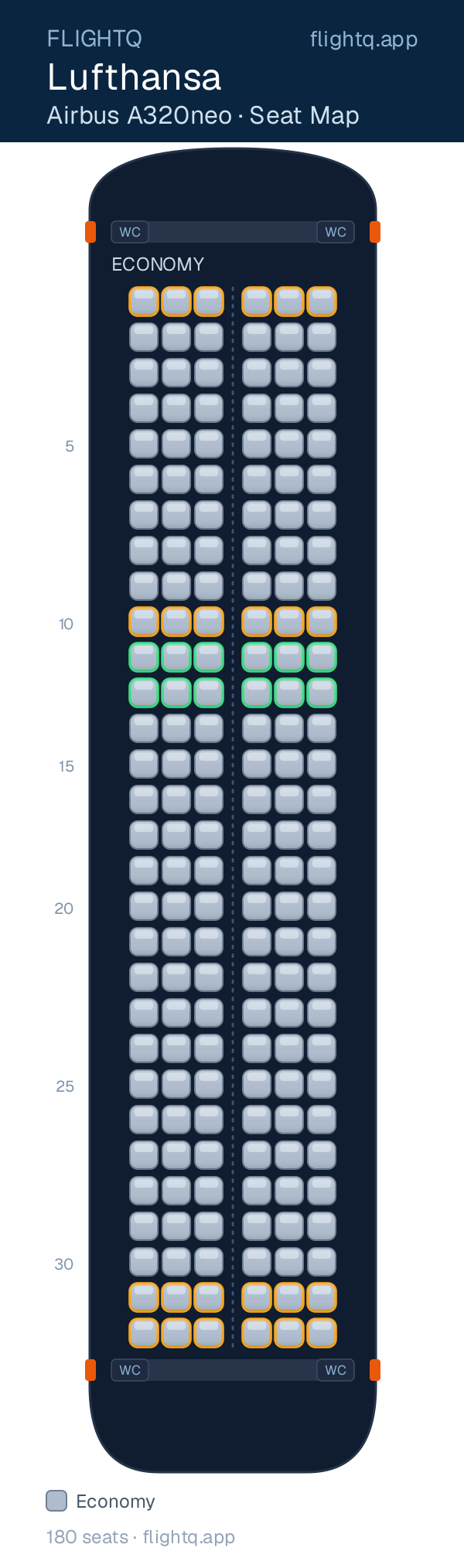 Lufthansa Airbus A320 seat map with 180 seats — best seats and rows to avoid