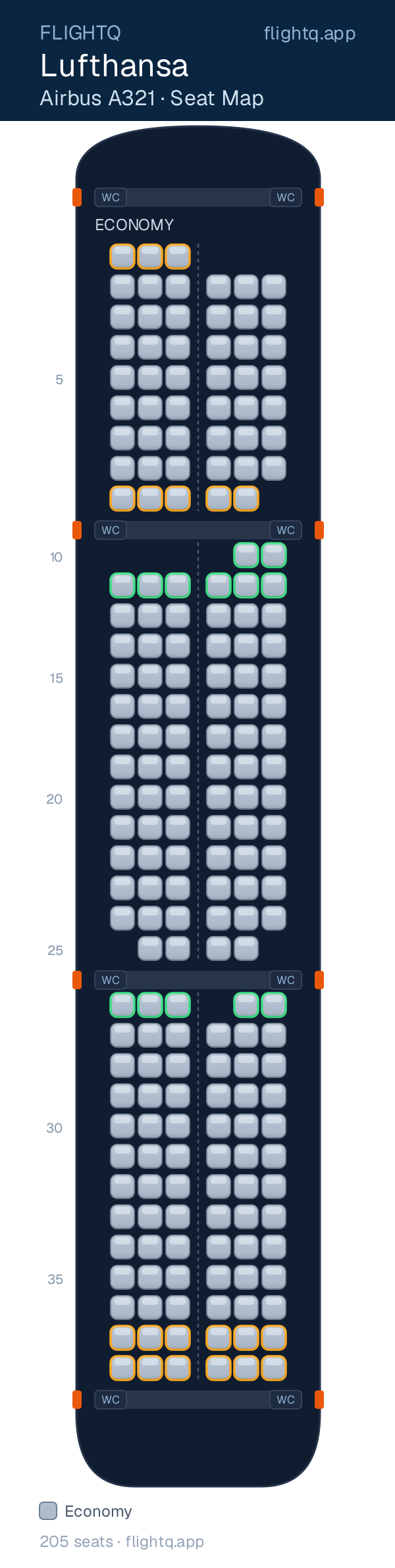 Lufthansa Airbus A321 seat map with 205 seats — best seats and rows to avoid