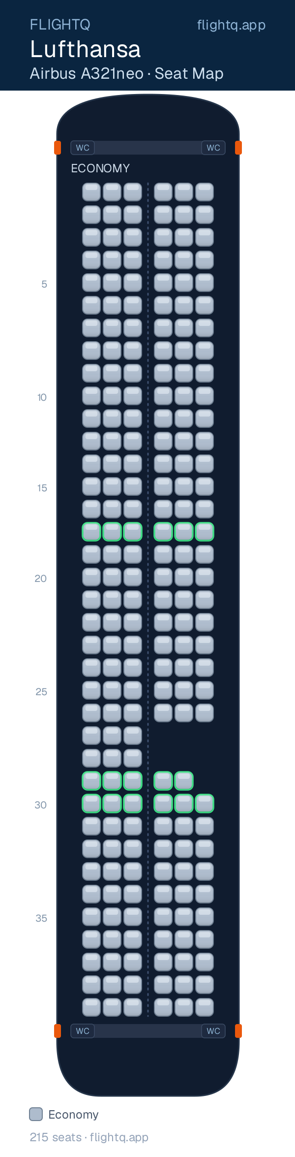 Lufthansa Airbus A321neo seat map with 215 seats — best seats and rows to avoid