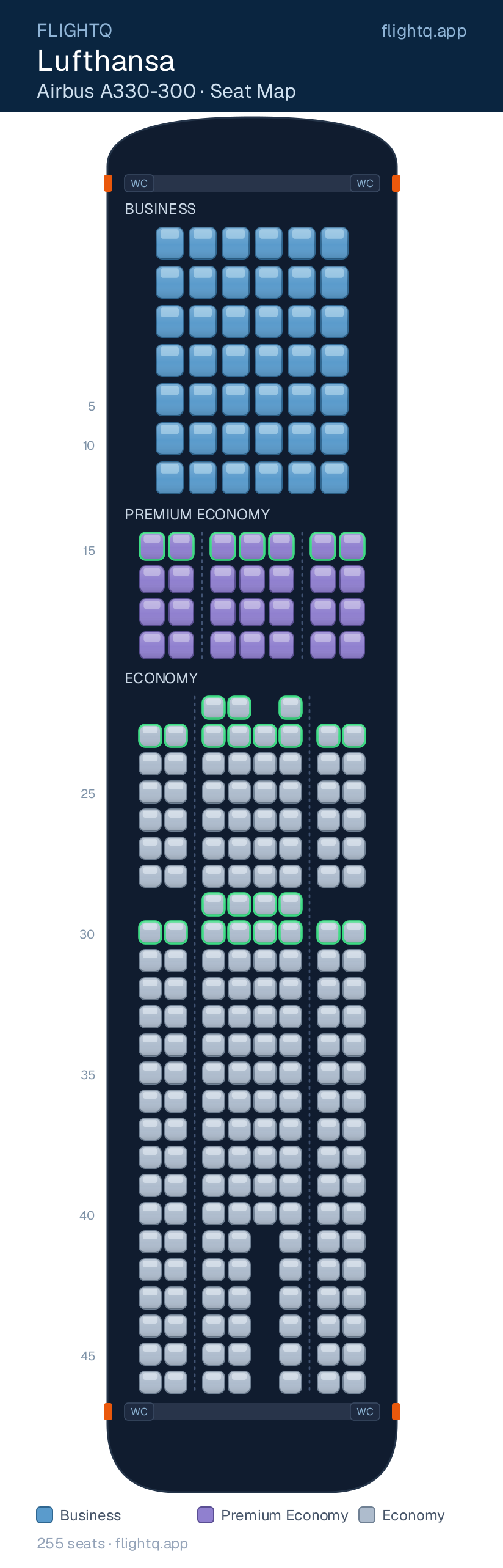 Lufthansa Airbus A330-300 seat map with 255 seats across 3 cabins — best seats and rows to avoid