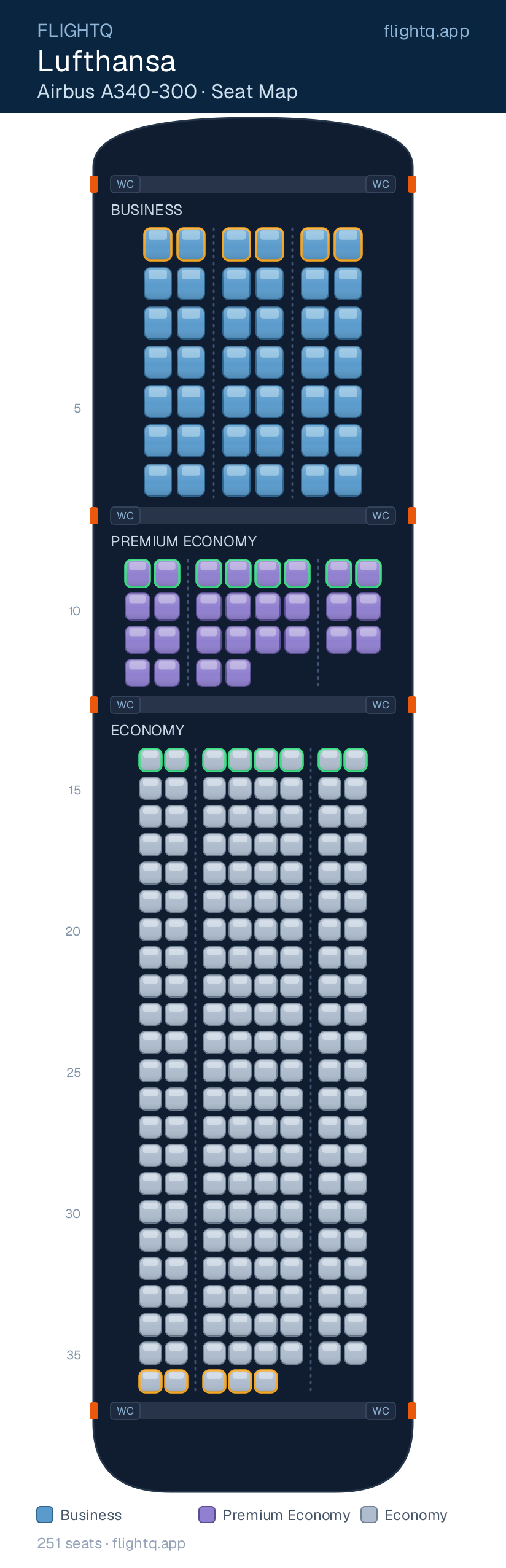 Lufthansa Airbus A340-300 seat map with 251 seats across 3 cabins — best seats and rows to avoid